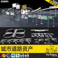 City Road Street Asset C4D High-Speed Road Elevated Bridge Traffic Bridge Billboard Traffic Sign Roa