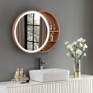Smart Bathroom Mirror Cabinet with Light Demisting Wall-Mounted Solid Wood Cosmetic Mirror Storage Bathroom round Mirror Wall Hanging