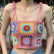 女士奶奶方格鉤織修身無袖露臍上衣 波希米亞風格