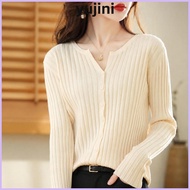 YUJINI Knit Cardigan, Solid Color Slim-Fit Design Women Cardigan, V-Neck Long-Sleeved Women Sweater