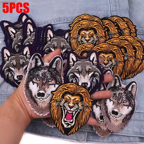 5PCS Ferocious Lion Wolf Embroidered Patches Muscle Animals Patch Iron On Patches For Clothing Bear 
