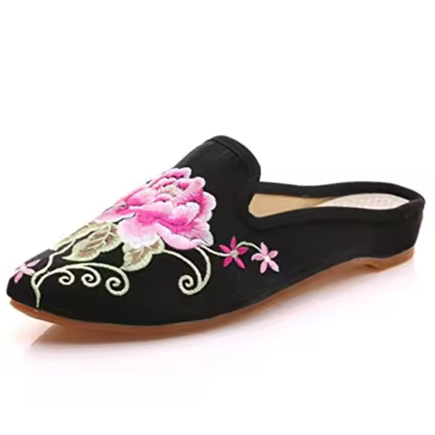 Qhome Women's Chinese Floral Peony Embroidery Pointed-Toe Comfortable Satin Casual Mules House Pumps