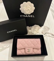 Chanel Card Holder，Chanel 櫻花粉色cf卡包，牛皮銀色cc 扣