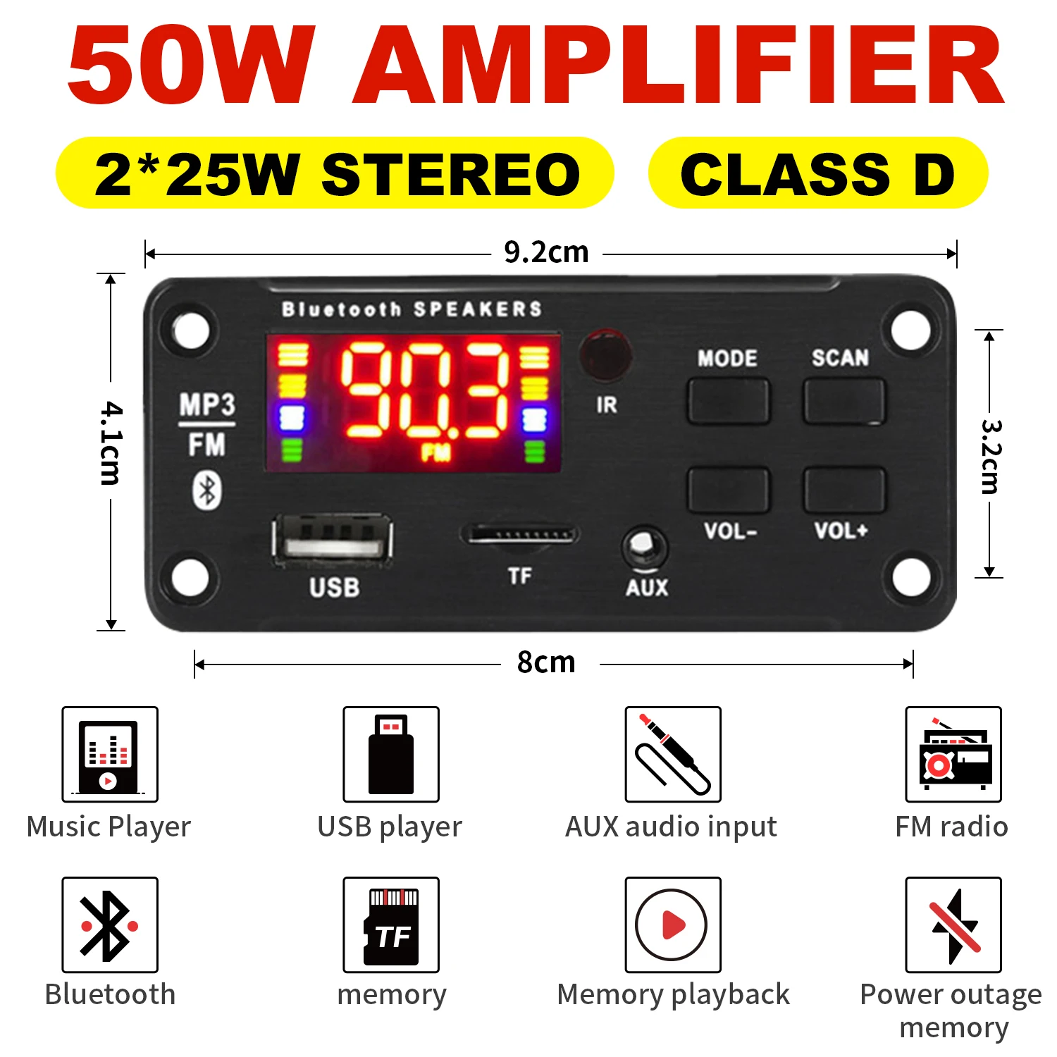 2*25W amplifier  MP3 Player Decoder Board 18V Bluetooth 5.0 50W amplifier Car FM Radio Module Support  TF USB AUX