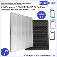 Fits Panasonic F-PDJ30 F-PXJ30A Air Purifier HEPA + Activated Carbon Replacement Filter Set Part # F-30C3PD F-ZXJP30
