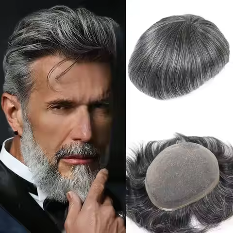 #1B20/#1B40/#2/#1B Breathable Full Lace Men Toupee Human Hair Pieces Mixed Grey Male Wig Straight Ha