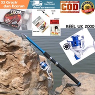 SATU SET JORAN 2.1M PREMIUM REEL UKURAN 2000 WARNA BIRU BONUS BANYAK BONUS SENAR 100M SIAP PAKAI BIS