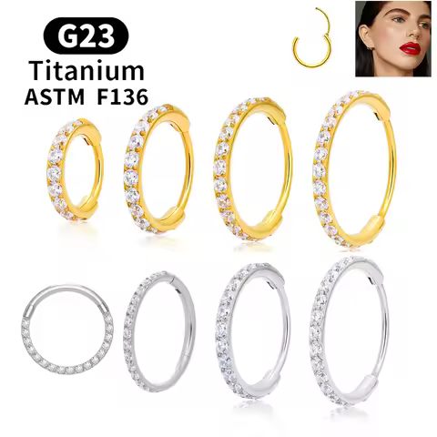 1/10PCS G23 Titanium Nose Rings Round Earrings Hoops 14G CZ Hinged Segment Septum Clicker Ear Tragus
