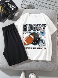 適合青少年男孩的休閒簡約橄欖球和字母印花短袖上衣和短褲2入套裝,適用於夏季