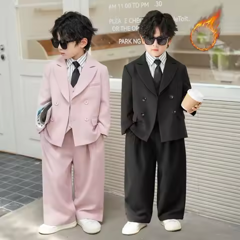 JUCPKID Witner Elegant Kids Boys Blazer Pink Fleece Thick Children Boys Tuxedo Sets Shirt Outerwear 