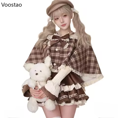 Sweet Lolita Style 3 Piece Sets Women Kawaii Plaid Cloak Coat Knitted Top Short Party Dress Vintage 