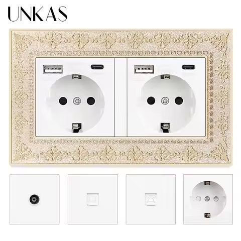 UNKAS Zinc Alloy Panel White EU Type-C USB 86mm 146mm Telephone Computer TV 1 2 3 4 Gang 4D Embossin