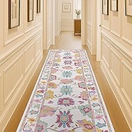 Fame Living Pink Oushak Runner Rug, Modern Runners, Turkish, Eclectic, Floral, Pastel, Washable, Sma