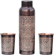 HealthGoodsIn Pure Copper Water Bottle with 2 Tumblers Set, Beautiful Floral Pattern Light House Shape For Ayurveda Health Benefits