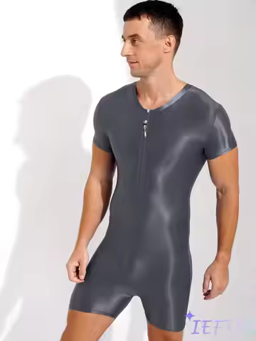 Men One-Piece Swimsuit Glossy Stretchy Bodysuit Wrestling Singlet Shorty Jumpsuit Swimwear Bodybuild