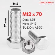 Stainless Hex Bolt M12X70 - Hexagon Bolt 12X70 / M12 X 70 / 12 X 70 SS304 SUS304 / A2-70 Full Thread