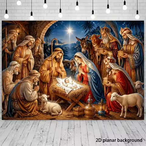 2D flat flag banner with a Christmas Jesus birth theme background fabric, depicting a Christmas hors