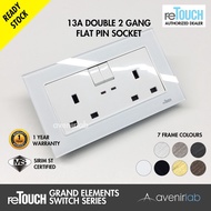 reTouch Grand Elements 2 Gang Double 13A Flat Pin Designer Switch Socket with Neon SIRIM Approved [W
