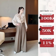 OLIVIA.CHIC High-end Office Set Rough Shirt with Ruffled Sleeves and Pleated Japanese Wide-Leg Pants