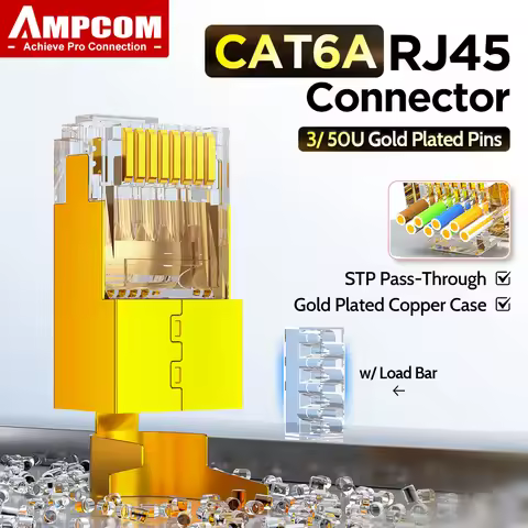 AMPCOM RJ45 Plug CAT6A Pass Through Shielded w/Load Bar 50/3U Gold Plated, Gold-Plated Copper Shell