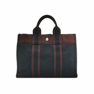 Hermes Fourre Tout 小號 條紋 按扣 手提包 帆布 銀扣 89黑色 紅棕色