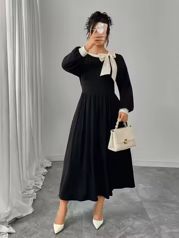 Women's Dress Best seller Plus Size Dress Hepburn Style Round Neck Bowknot Long Sleeve Slimming Maxi