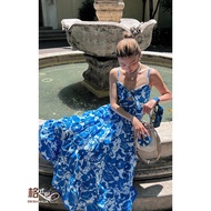 Southern France Holiday Hollow Bow Sling Dress Blue Tropical Rainforest Style Dress Island Vacation 