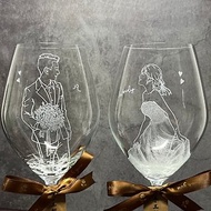 【客製化禮物】夫妻各一杯 精緻似顏繪 結婚對杯 玻璃杯 雕刻酒杯