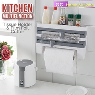 MULTIPURPOSE kitchen paper towel holder clear plastic cling film wrap&amp;aluminium foil paper cutter kitchen storage rack