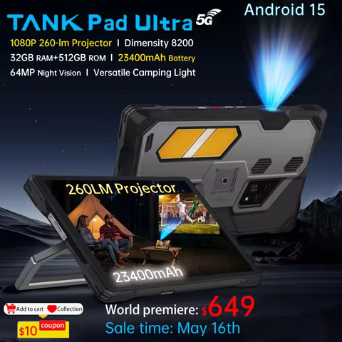 Unihertz 8849 Tank Pad Ultra-Global 1st Rugged Tablet with 260-lumen 1080PProjector, Night Vision La
