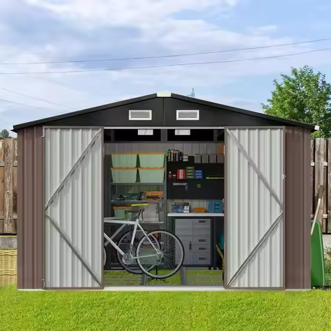 9.4x7.3x6.5 FT Outdoor Storage Shed, Garbage Can, Outdoor Metal Shed for Tool, Garden, Bike, Placed 