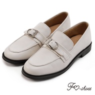 FM SHOES Women's Textured Side Buckle Genuine Leather Loafers Apricot