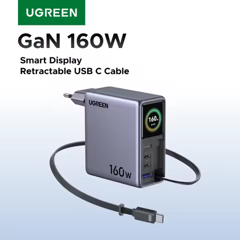 UGREEN 160W Smart Display GaN Charger With Retractable Cable EU Foldable AVS PD 3.1 QC4.0 For MacBoo