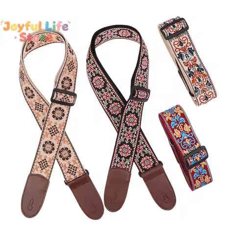 Hot Guitar Strap Bass Cotton Leather Embroidery Straps Adjustable Neck Strap Electric Acoustic Guita