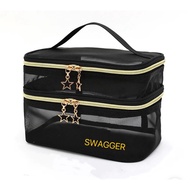 (Ready To Ship) Cosmetic Bag 2-Layer Double Zipper Cute Star Shape With Holder GC-181 Black Mesh Fab
