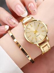 2 chiếc/1 bộ Đồng hồ thời trang nữ tỷ lệ La Mã cổ đại, Dây đeo bằng thép không gỉ và bộ máy thạch an