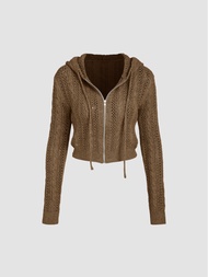 Cider Knit Hooded Zipper Hollow Out Cardigan