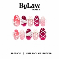 [ByLaw. Nails] 3D Cherry Ribbon Wings Press On Nails | Pink Burgundy Ribbon 3D Coquette | Handmade R