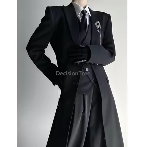 Youth Long Tailored Coat Jacket 5-Piece Set Black Suit Jacket Unisex DK Uniform Set Casual Men Suit 