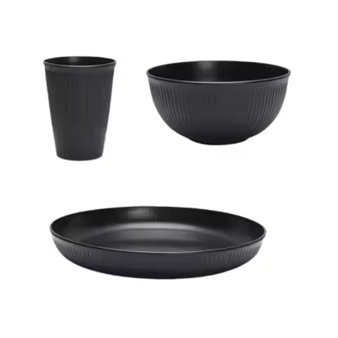 Black plastic cutlery set plates spitting dishes bowl cups cutlery for outdoor camping party