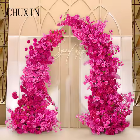 Hot Pink Rose Bougainvillea Plum Floral Arrangement Wedding Backdrop Horn Arch Decor Flower Row Wind