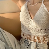 Summer Vacation Solid  Knitted Neck Halter Bohemian Top