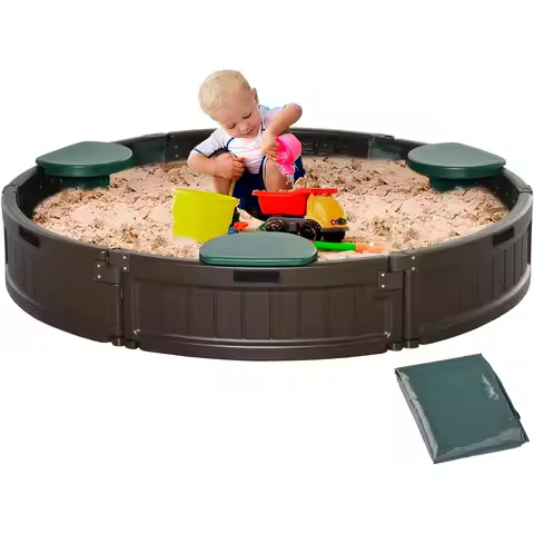Children's Round Garden Sandbox with Cover, Easy Assembly, Brown, 48.5 x 48.5 x 8.75