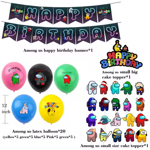 Among Us Theme Party Decoration Game Birthday Flag Pulling Balloon Cake Insertion