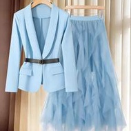 Plus Size Elegant Blazer Jacket And Mesh Ruffle Hem Skirt Set, Suitable For Party Dinner Evening, Au