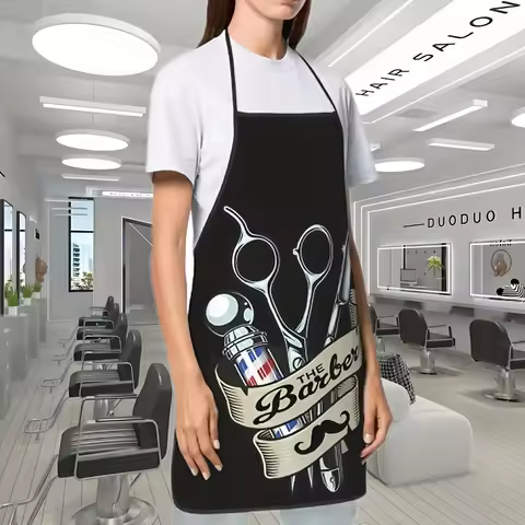 Barber-Themed Black Polyester Apron – Scissors, Razor & Mustache Print, Stylish for Cooking, Parties