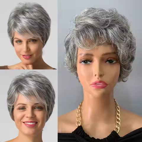 Gray Short Pixie Cut Wigs Human Hair Natural Wave Wigs With Bangs Brazilian Color #51 Gray Glueless 