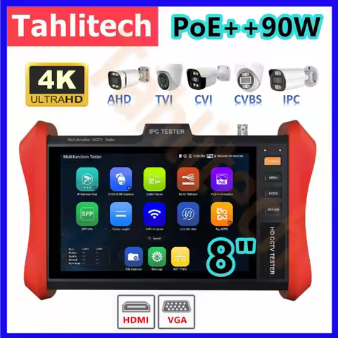 Camera Tester 8INCH POE++ 90W SFP 4K H.265 IP 8MP AHD/TVI/CVI CCTV Camera Tester HDMI & VGA input Ca