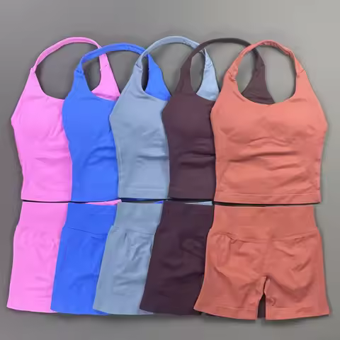 2Piece Gym Set Women Padded U Neck Tank Top High Waist Hip Lifting Biker Shorts Seamless Soft Fitnes