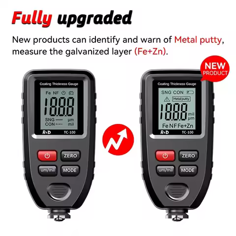 R&D TC100 Metal Putty Coating Thickness Guage for Car Digital 0-1300um Fe NFe Zn Probe Car Paint Hig